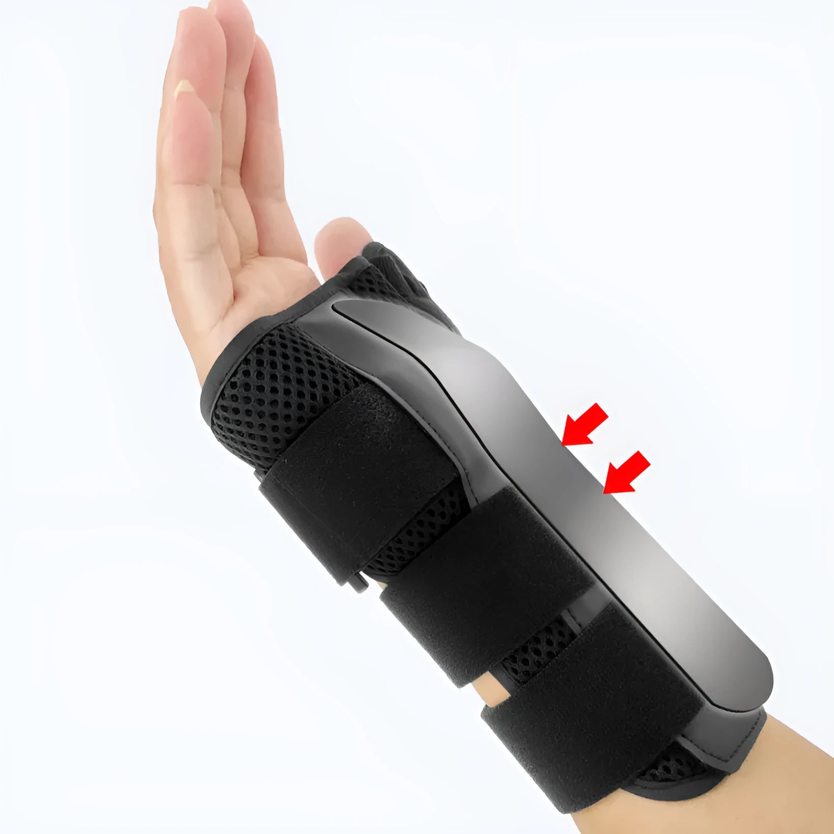 Black or gray carbon fiber sports wrist guard with thumb strap for left or right hand support