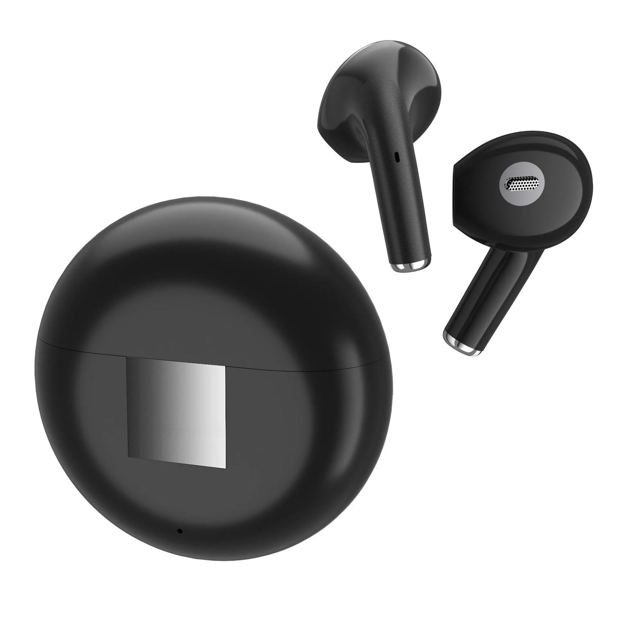 White Budz5 wireless Bluetooth earbuds with charging case on a grey background.