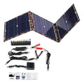 Black foldable solar panel unfolded showing three solar cells with included charging accessories