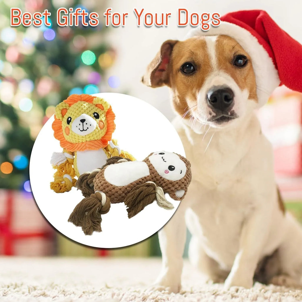 Lion and monkey stuffed squeaky dog toys plush bundle for medium large dogs