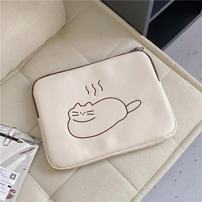 Animal embroidered tablet protective sleeve in nylon with zip opening showing size comparison