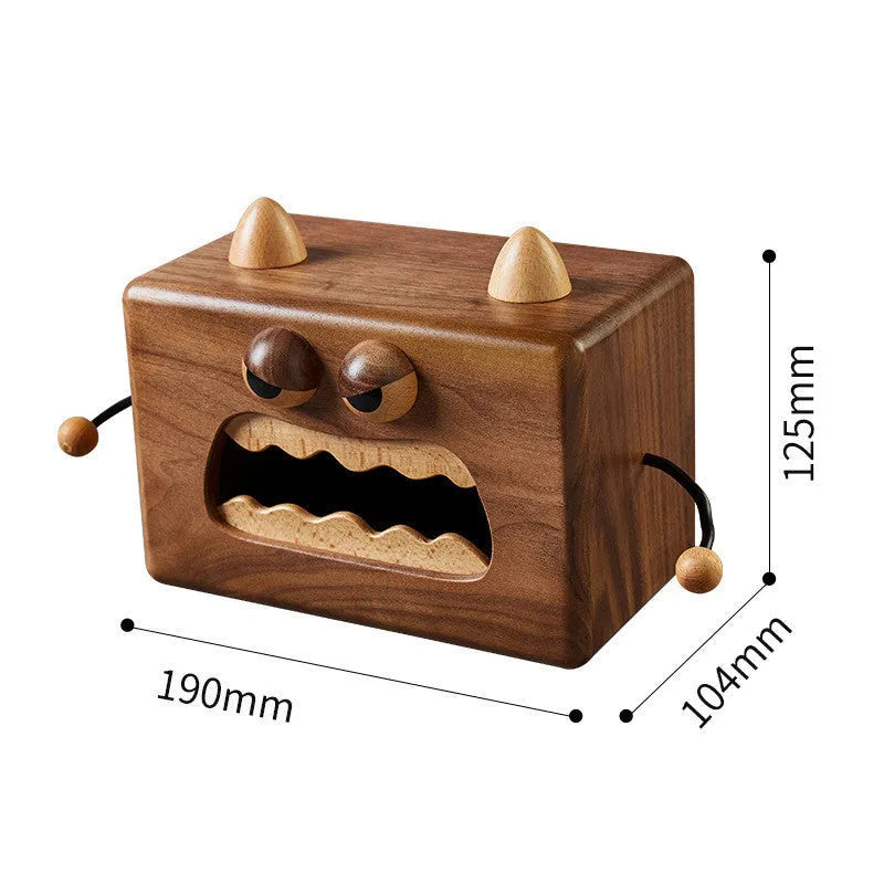 Little Monster cartoon wooden tissue box in walnut beech colour measuring 190mm wide