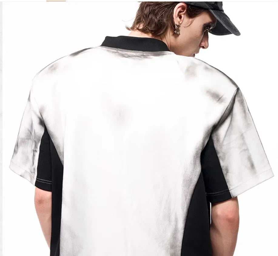 Korean-style women's V-neck short sleeve top with padded shoulders and a black and white letter snake pattern print.