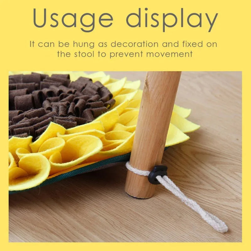 Yellow sunflower snuffle mat for dog feeding and nosework training games