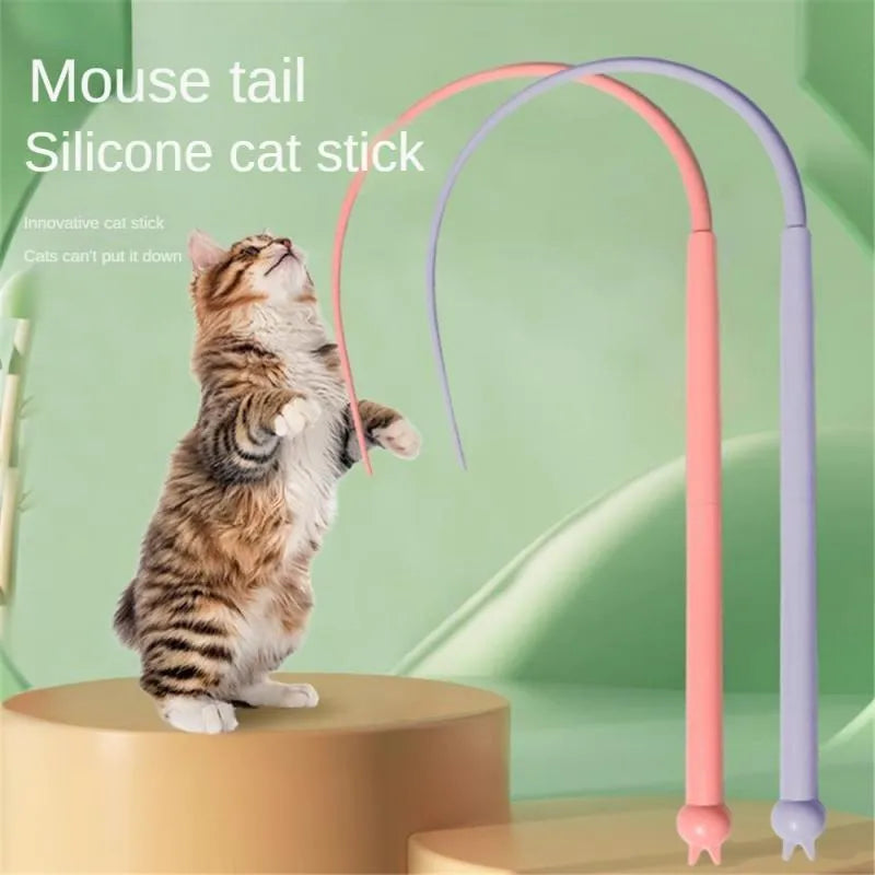 Blue simulated mouse tail cat toy with ABS handle and long silicone tail for interactive pet play