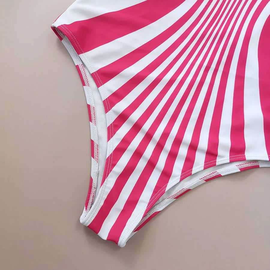 Women's pink striped one-piece swimsuit with digital printing on front and back.