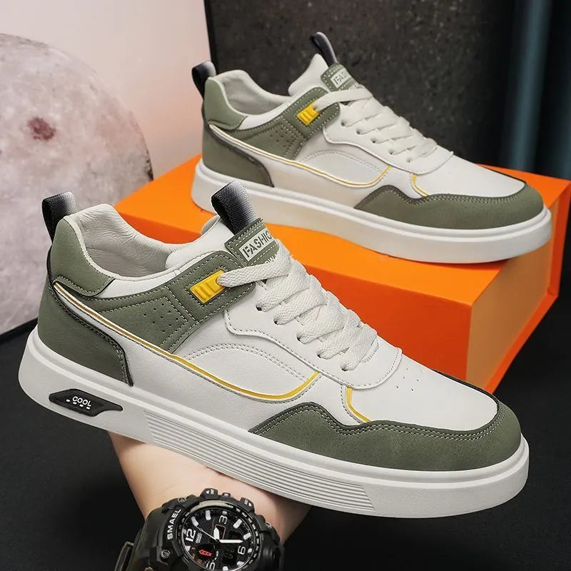 Men's Korean-style low-top canvas board shoes in black, beige, or gray with mesh lining and leather stitching.