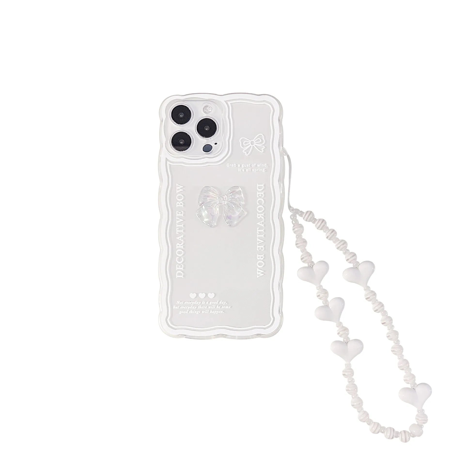 Transparent iPhone case with a raised 3D ice-through bow on a white background.