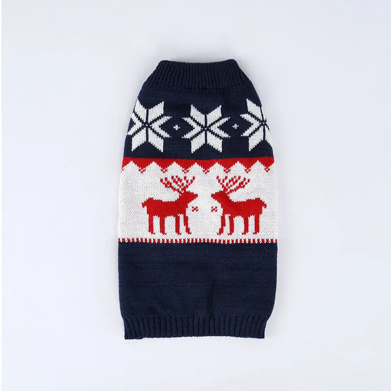 Navy blue knitted Christmas sweater for a dog on a white background