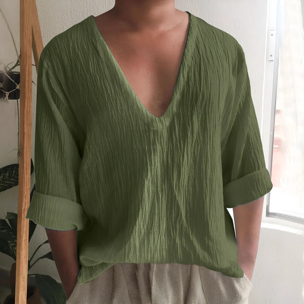 Men's long sleeve V-neck T-shirt in washed cotton fabric showing solid colour options