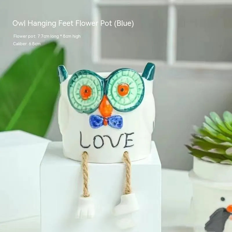 Ceramic hanging foot flowerpot for succulent plants in cartoon style with twelve colour variations on desktop