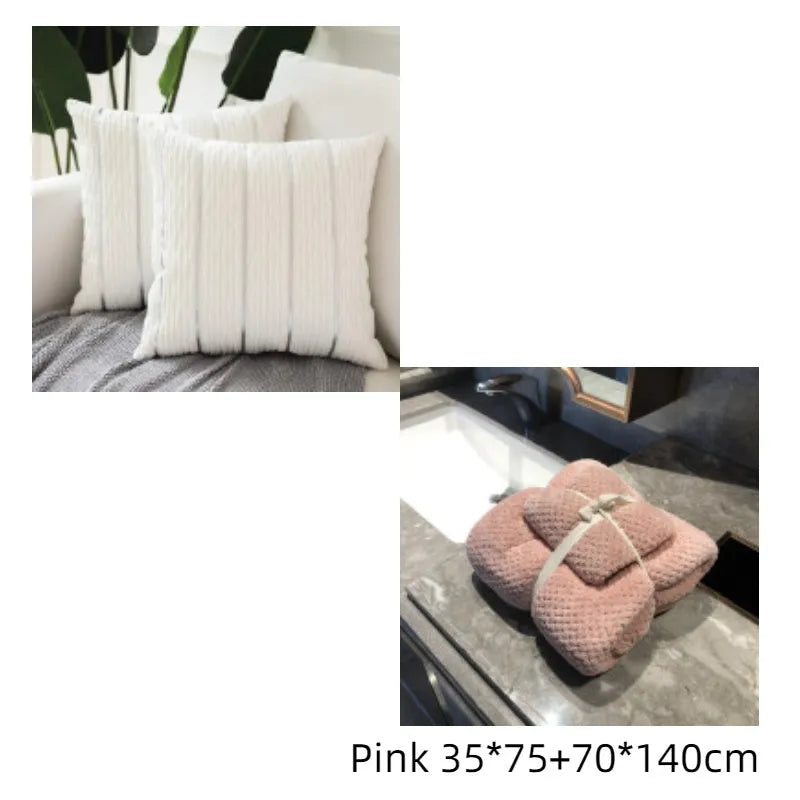 Square striped velvet plush cushion cover in a selection of colours on a sofa.
