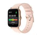 Blue smart watch with 1.7-inch touch screen on wrist, showing fitness stats interface.