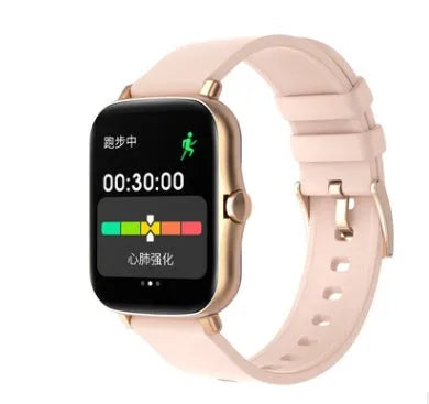 Blue smart watch with 1.7-inch touch screen on wrist, showing fitness stats interface.