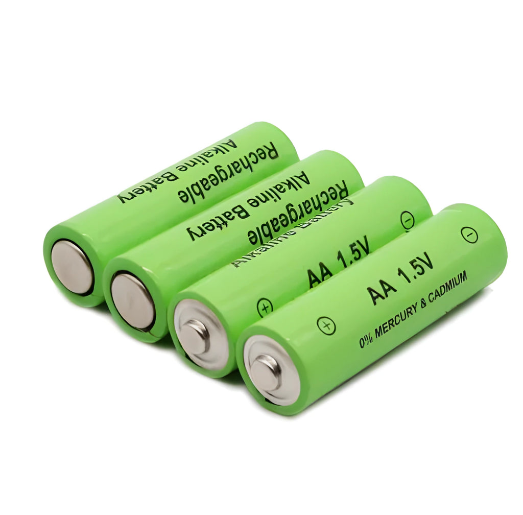 Alkaline rechargeable AA battery with 3000mAh capacity and 1.5V output, shown in green casing.