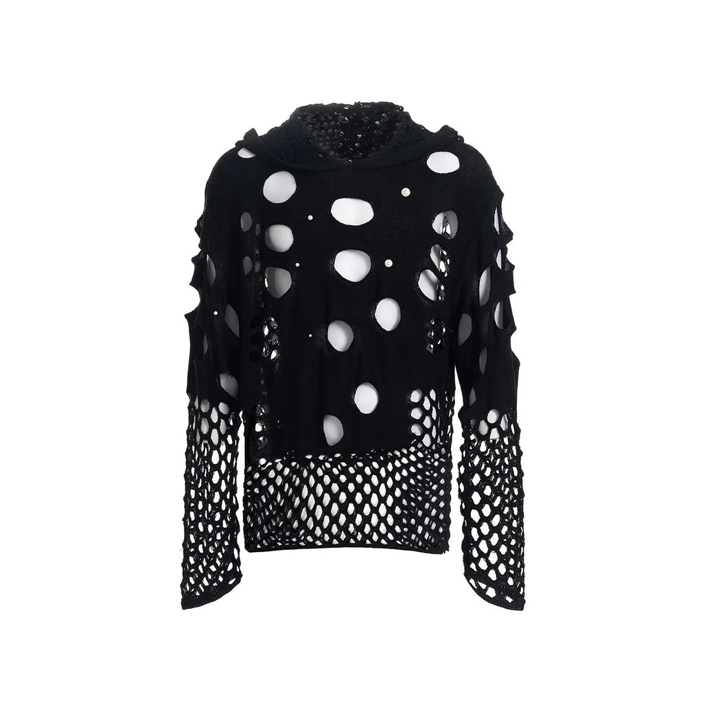 Men's black hooded sweater with pearl decoration, loose fit, thin knit spring hoodie