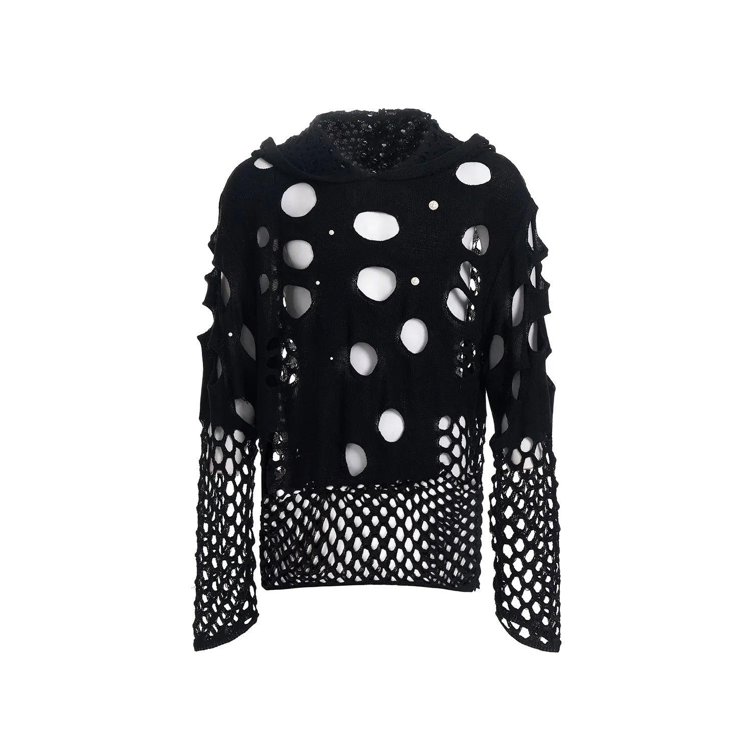 Men's black hooded sweater with pearl decoration, loose fit, thin knit spring hoodie