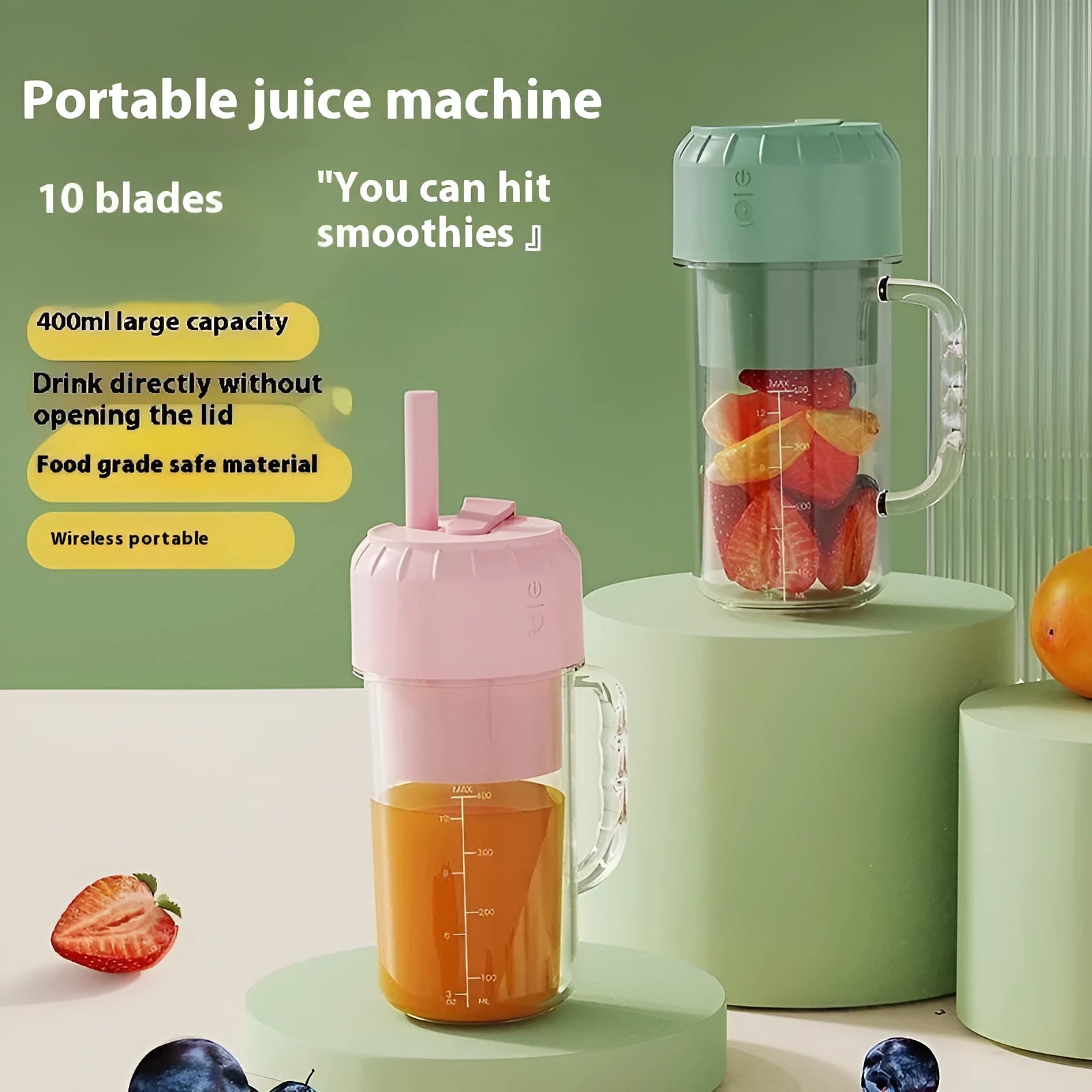 Portable USB-powered multifunction juicer in cherry blossom pink or avocado green with three blade options