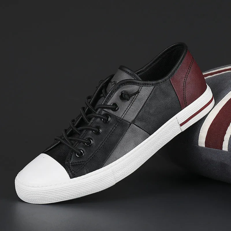 Men's microfiber leather casual shoes with elastic band closure and flat rubber sole