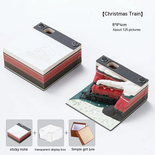Pad of 3D carved paper sticky notes showing Qingshuǐ Temple design with a Christmas train coloured cover.