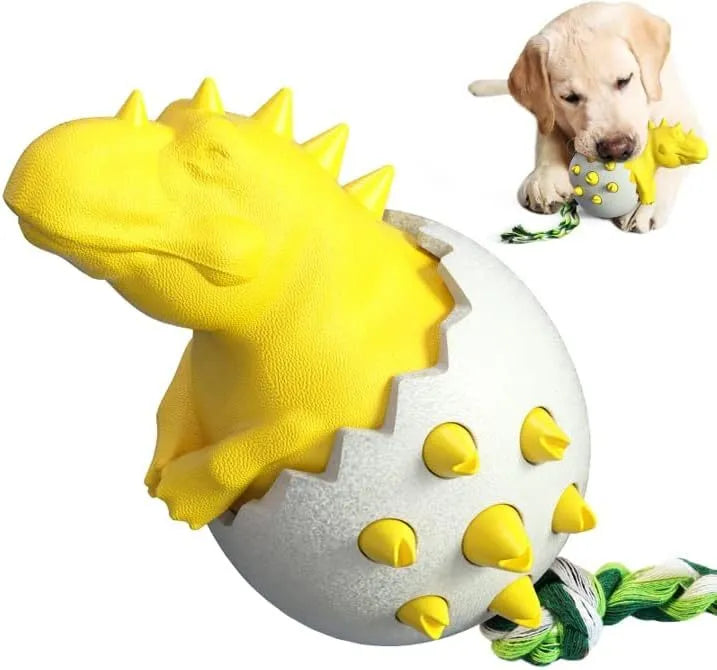 Blue dinosaur-shaped dog chew toy with rubber texture, rope tail, and dental cleaning nubs