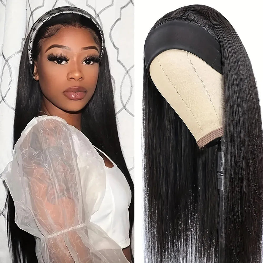 Headband wig with long synthetic hair in straight, curly and wine red colour options