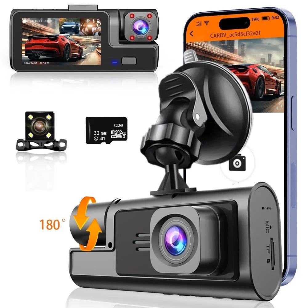 WiFi-enabled car dash cam with 2-inch screen showing on-device display