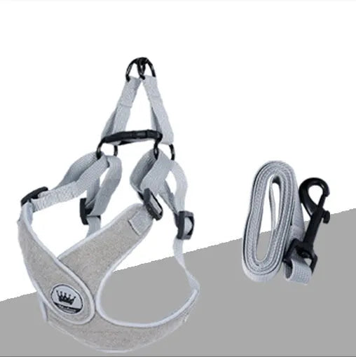 Green adjustable mesh dog harness with metal D-ring and attached lead on a white background
