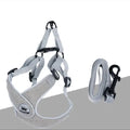 Green adjustable mesh dog harness with metal D-ring and attached lead on a white background