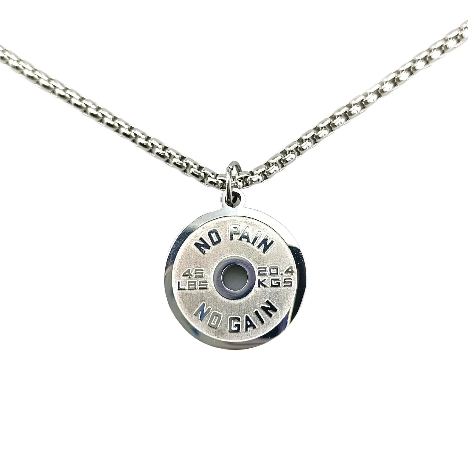 Stainless steel barbell disk pendant necklace with geometric design on 60cm chain