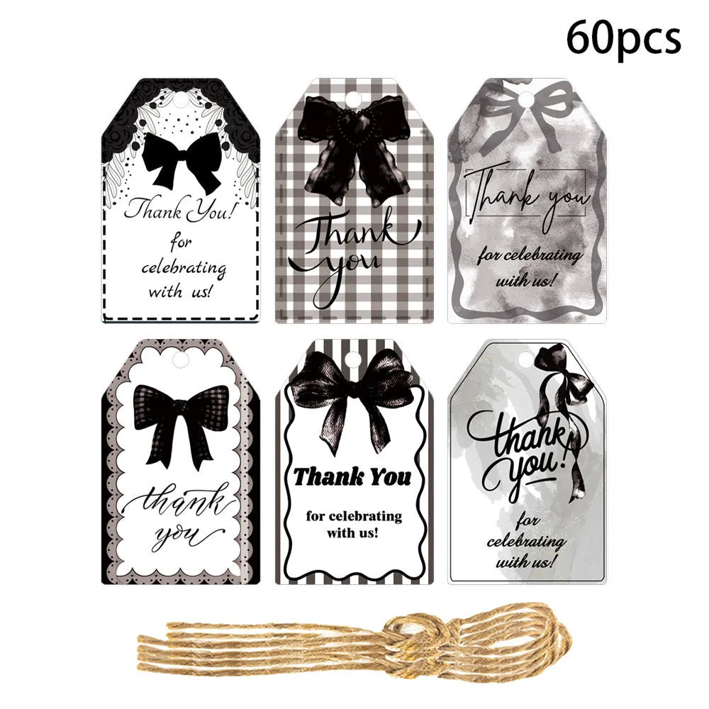 Sixty paper birthday gift tags with bowknot designs and natural hemp rope ties in three decorative styles.