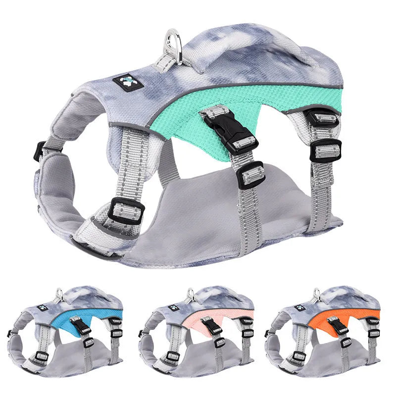 Reflective polyester dog chest strap in light blue, shown with adjustable sizing.