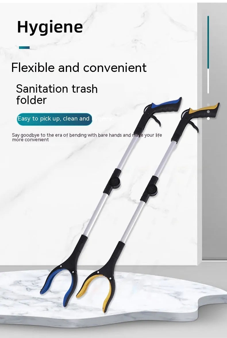Foldable aluminium garbage pick-up clamp shown extended and collapsed, with magnetic sucker and coloured handle options.