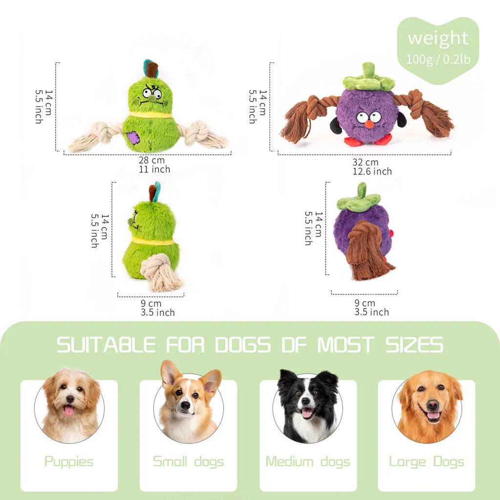 Green and purple plush rope knot dog toy with bite-resistant design for tug-of-war and tooth cleaning
