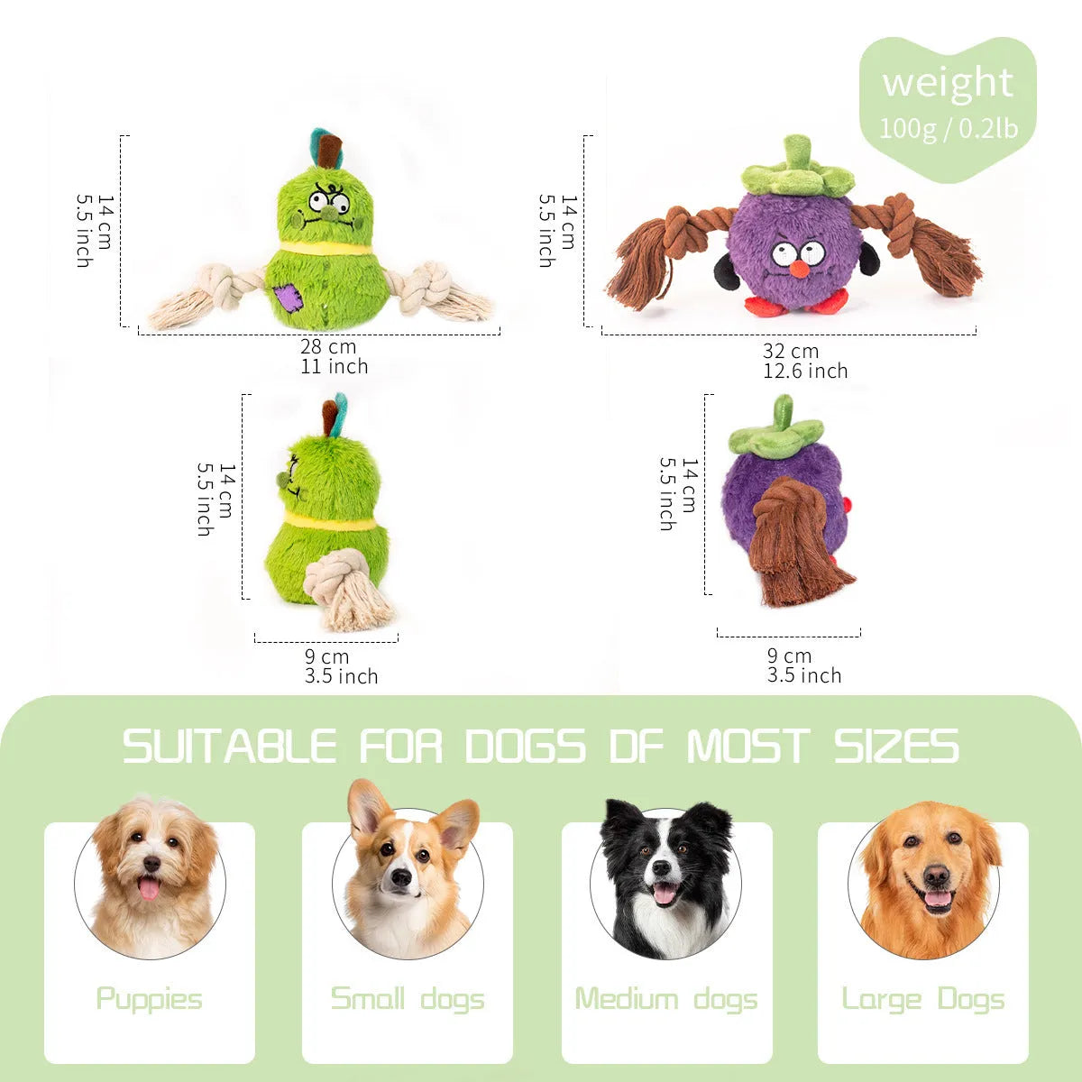 Green and purple plush rope knot dog toy with bite-resistant design for tug-of-war and tooth cleaning