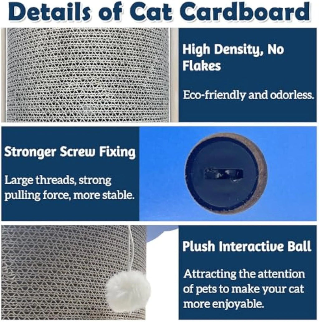 Grey cardboard cat scratching pad in a room corner with a hanging ball attached.