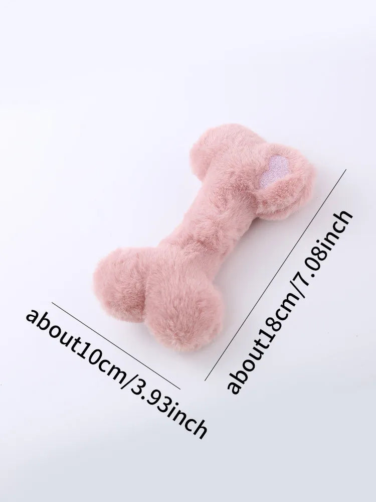 Plush love bone dog toy with squeaker in blue pink yellow colours