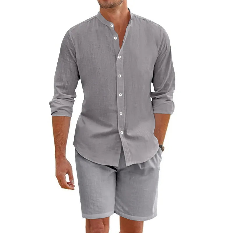 Men's dark grey short sleeve button-down shirt and matching drawstring shorts casual summer suit