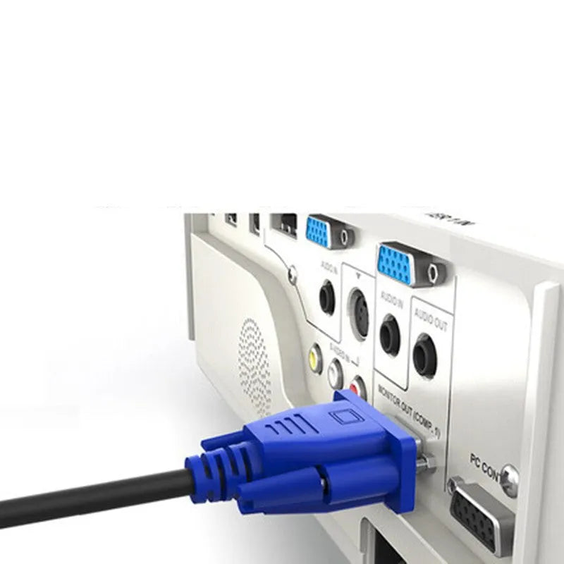 Black VGA cable with blue moulded connectors, 1.5 metres long, for connecting a computer to a monitor or TV.
