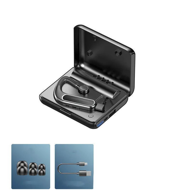 Black Bluetooth earphones with hanging ear design shown with three different sized silicone ear caps