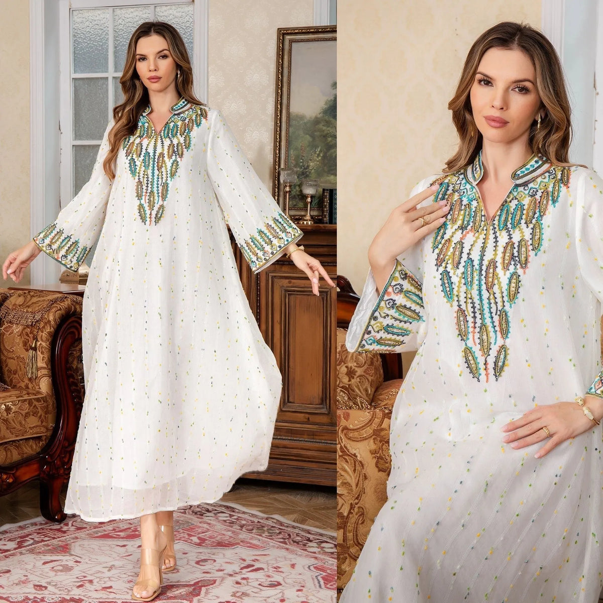 White full-length Arabic robe for women with long sleeves, made from polyester fabric.