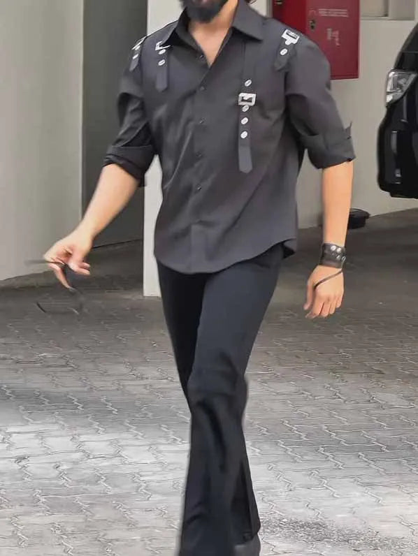 Black polyester button-up shirt for men showing regular fit and standard length design