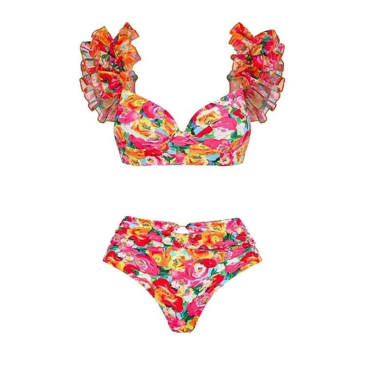 Women's floral pattern push up bikini set with high waist design and split skirt option