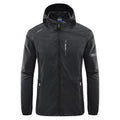Men's light grey hooded summer jacket showing loose fit and nylon fabric texture