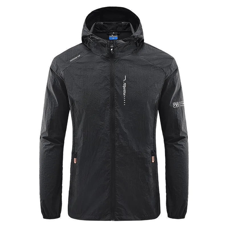 Men's light grey hooded summer jacket showing loose fit and nylon fabric texture