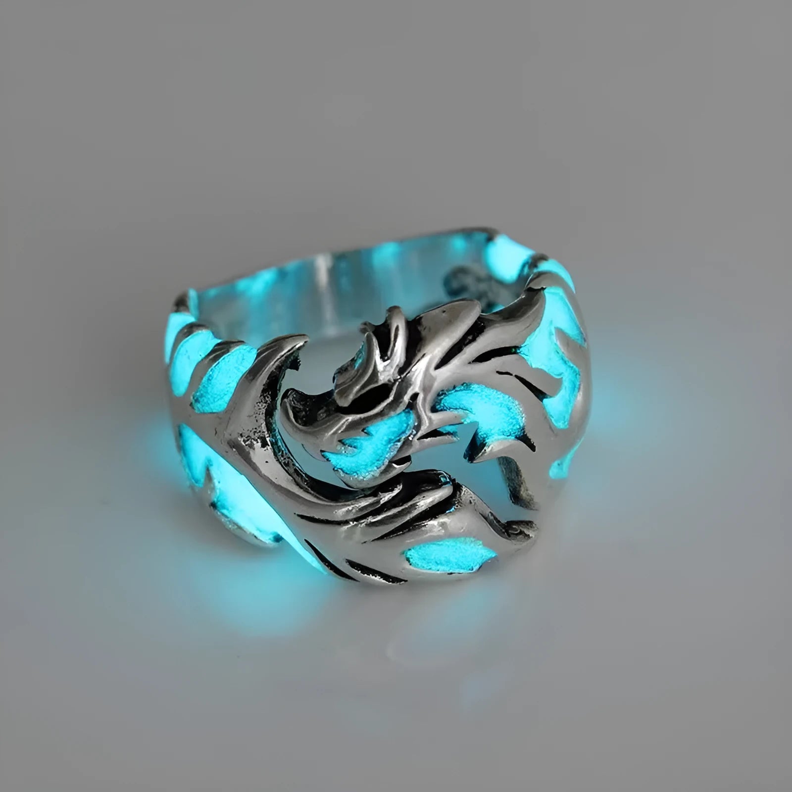 Chinese style luminous dragon pattern adjustable ring in antique silver blue and green electroplated finish