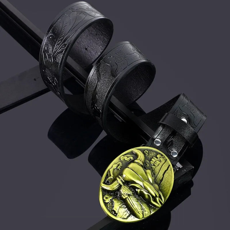Men's black imitation leather belt with a detailed alloy cow head buckle and pin clasp.