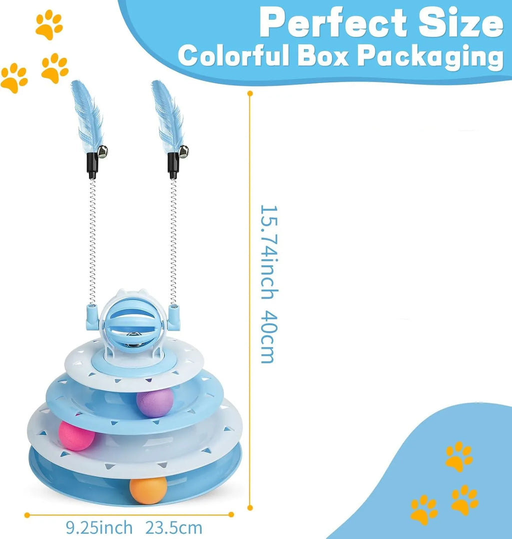 Blue four-tier interactive cat puzzle toy with rolling balls and teaser rods on a table.