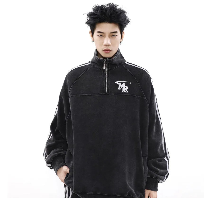 Black Hong Kong style polyester hoodie jacket with high street stand collar design