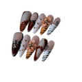 Leopard print nail stickers with floral and cross designs in XS S M L sizing options